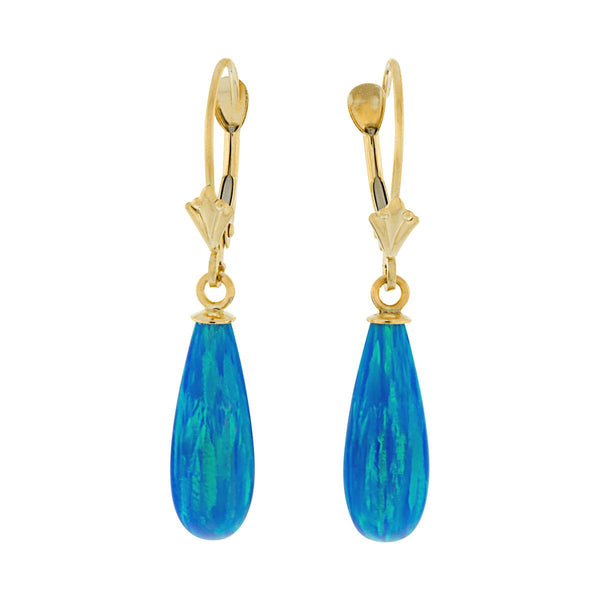 Oceans: 16mm Tropical Blue Created Opal Teardrop Lever Back Earrings Yellow Gold - TrustmarkJewelers.com
