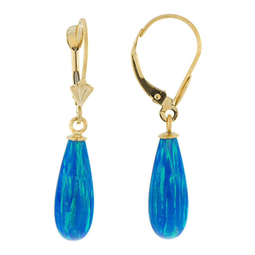 Oceans: 16mm Tropical Blue Created Opal Teardrop Lever Back Earrings Gold Filled - TrustmarkJewelers.com