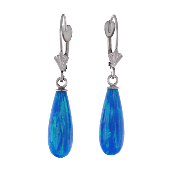 Oceans: 16mm Tropical Blue Created Opal Teardrop Lever Back Earrings White Gold - TrustmarkJewelers.com