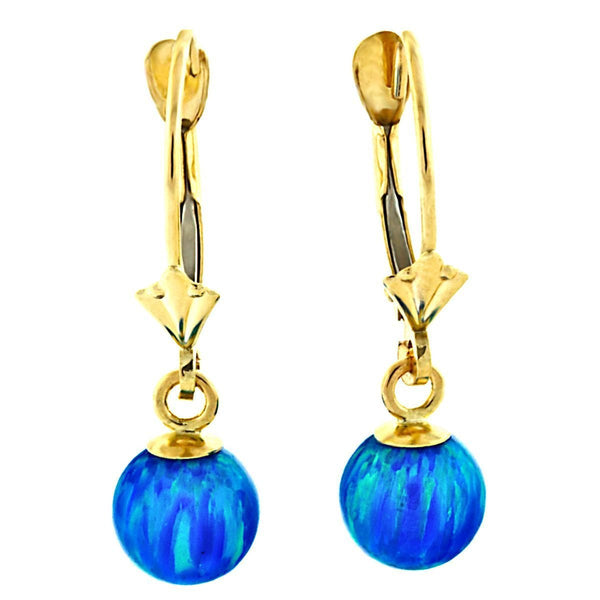 Oceans: 6mm Pacific Blue Opal Ball Leverback Earrings 14K Yellow Gold - TrustmarkJewelers.com