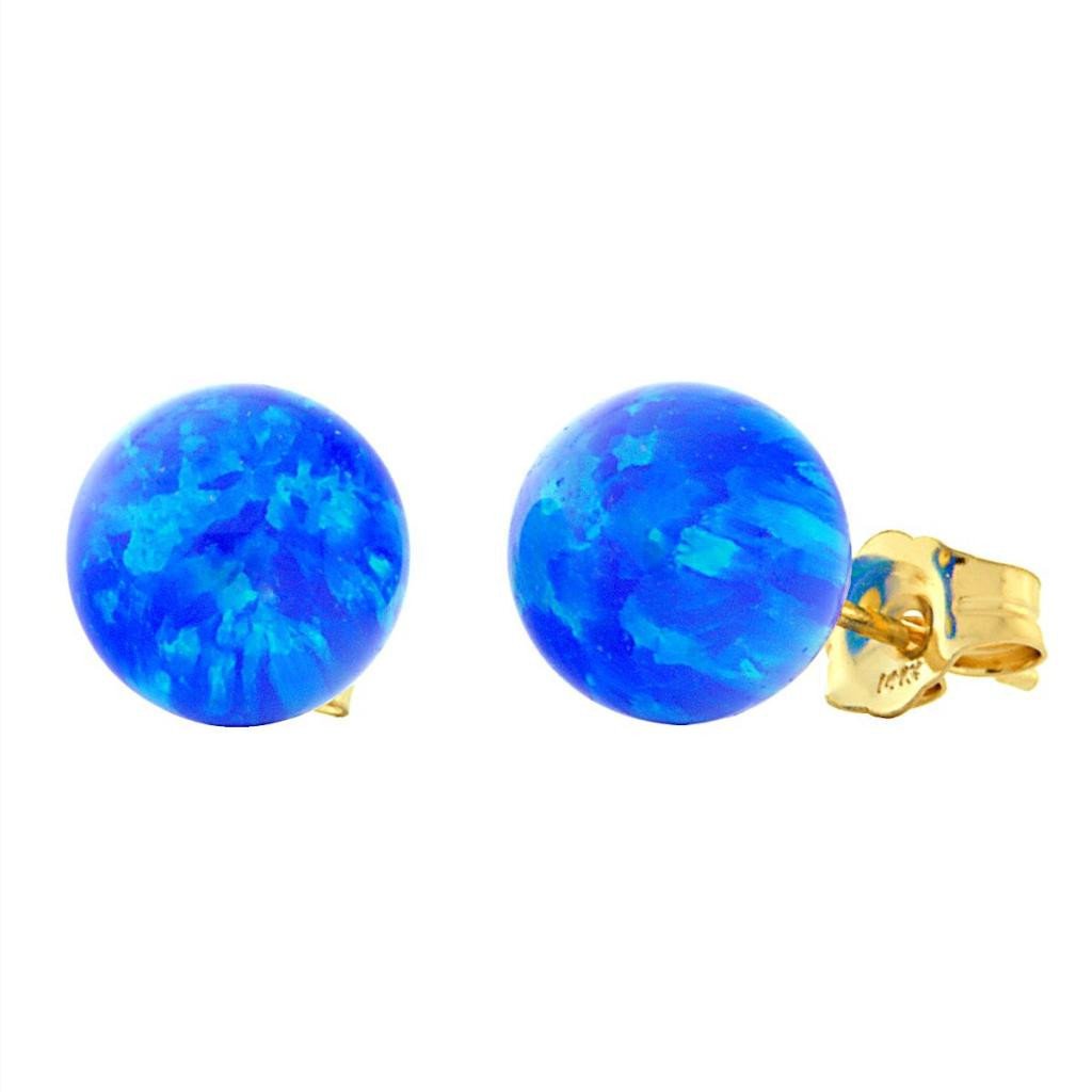 Oceans: 8mm Pacific Blue Opal Ball Stud Post Earrings 14k Yellow Gold - TrustmarkJewelers.com