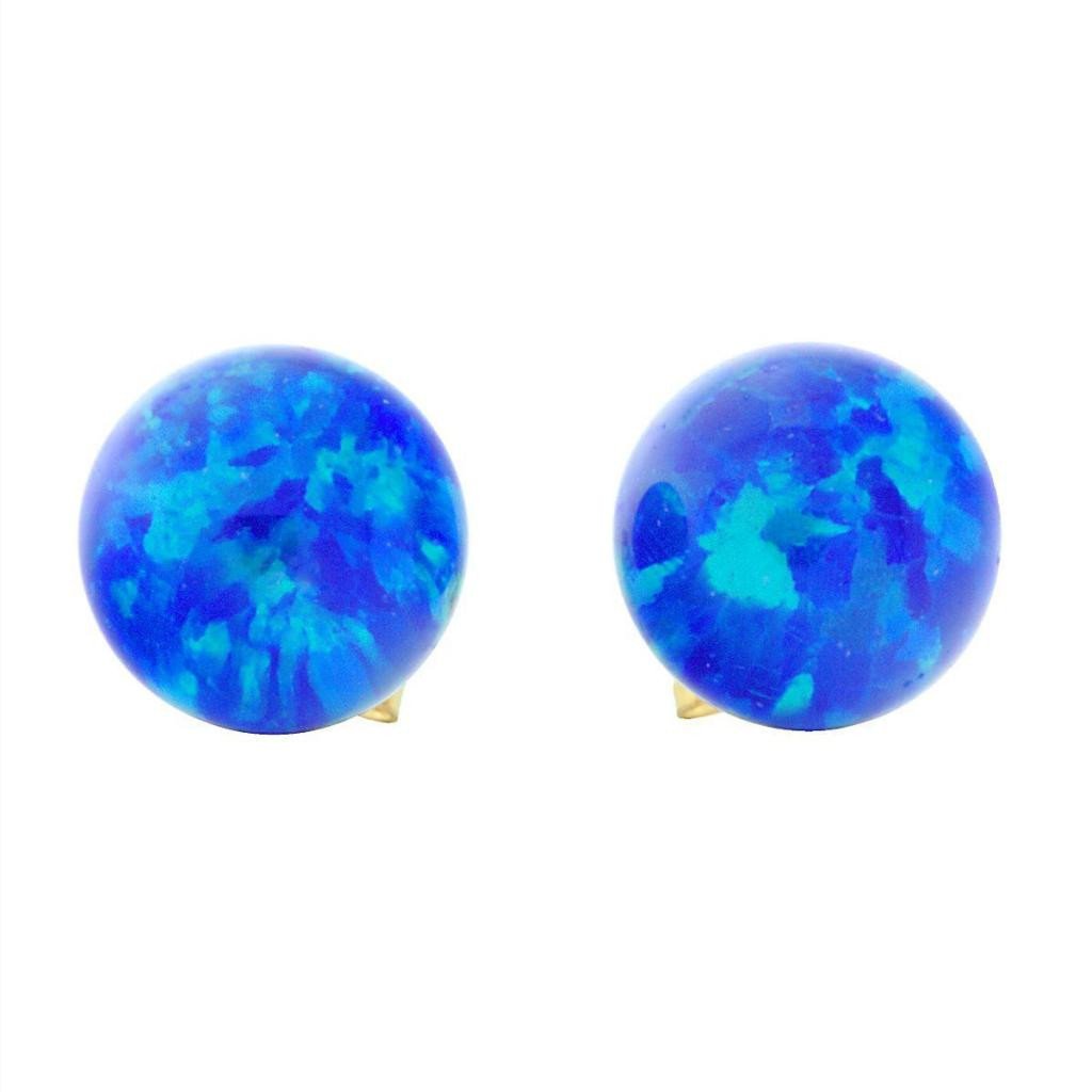 Oceans: 8mm Pacific Blue Opal Ball Stud Post Earrings 14k Yellow Gold - TrustmarkJewelers.com