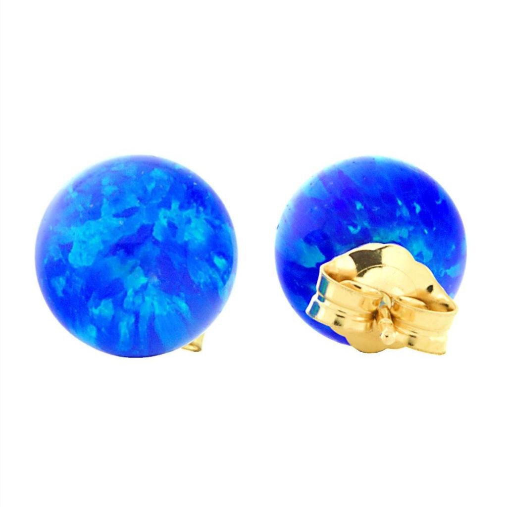 Oceans: 8mm Pacific Blue Opal Ball Stud Post Earrings 14k Yellow Gold - TrustmarkJewelers.com