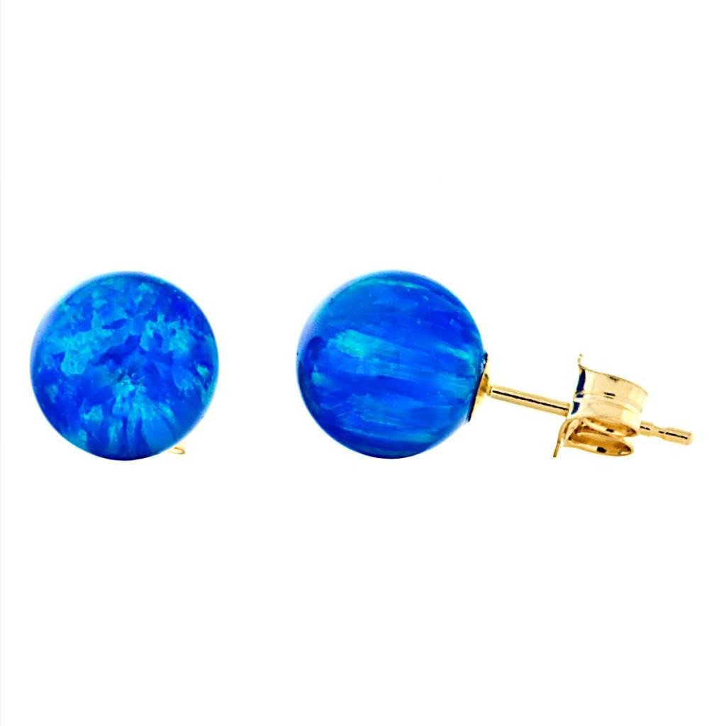 Oceans: 8mm Pacific Blue Opal Ball Stud Post Earrings 14k Yellow Gold - TrustmarkJewelers.com