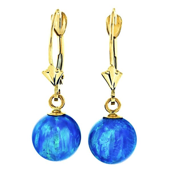 Oceans: 8mm Pacific Blue Opal Ball Leverback Earrings 14K Yellow Gold - TrustmarkJewelers.com
