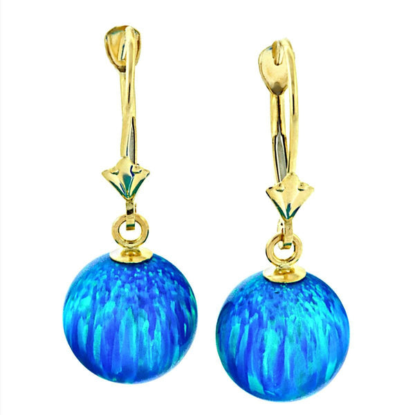 Oceans: 10mm Pacific Blue Opal Ball Leverback Earrings 14K Yellow Gold - TrustmarkJewelers.com