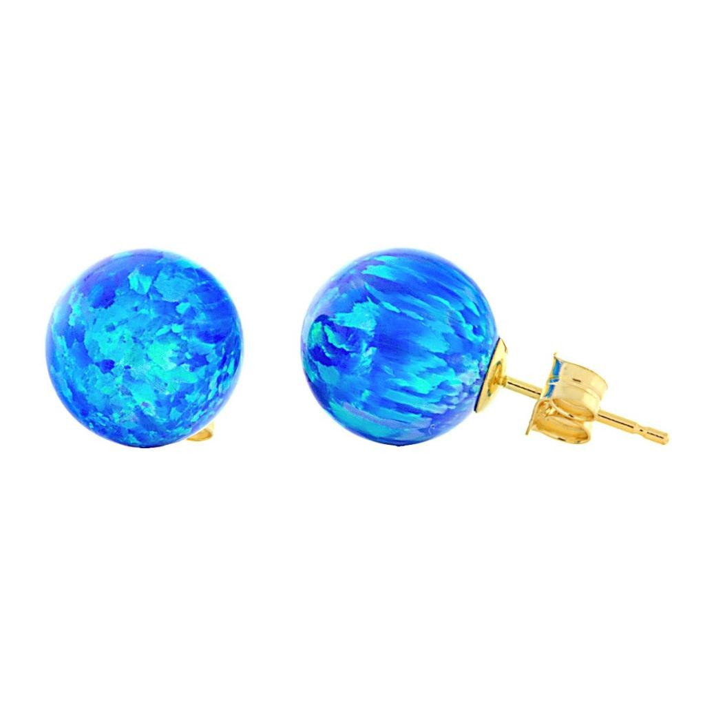 Oceans: 10mm Pacific Blue Opal Ball Stud Post Earrings 14k Yellow Gold - TrustmarkJewelers.com