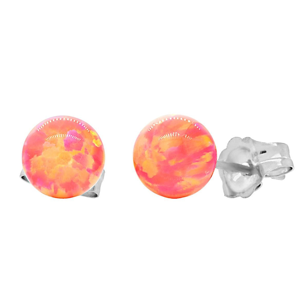 Cala: Deep Sea Coral Created Australian Opal Ball Stud Earrings 14K White Gold - TrustmarkJewelers.com
