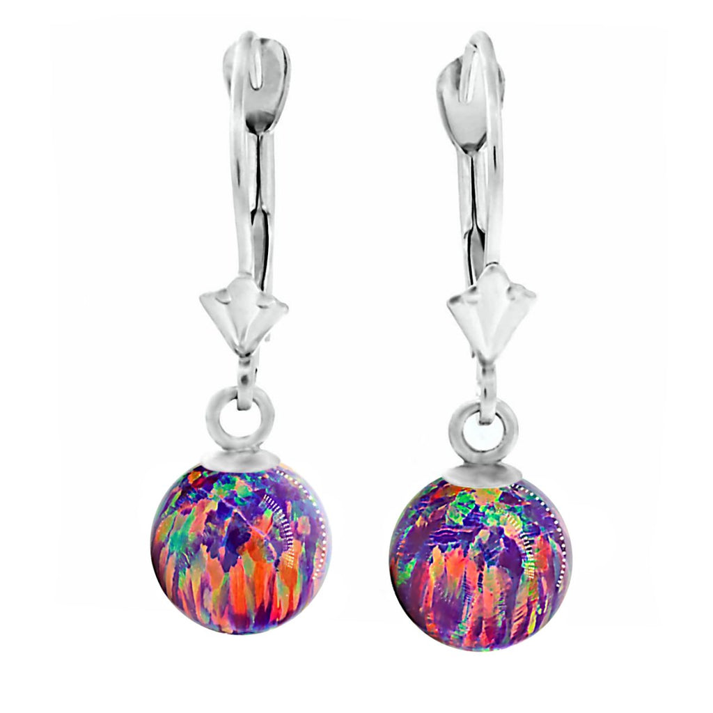 Elizabeth: Royal Lavender Created Australian Opal Ball Drop Leverback Earrings 14K White Gold - TrustmarkJewelers.com
