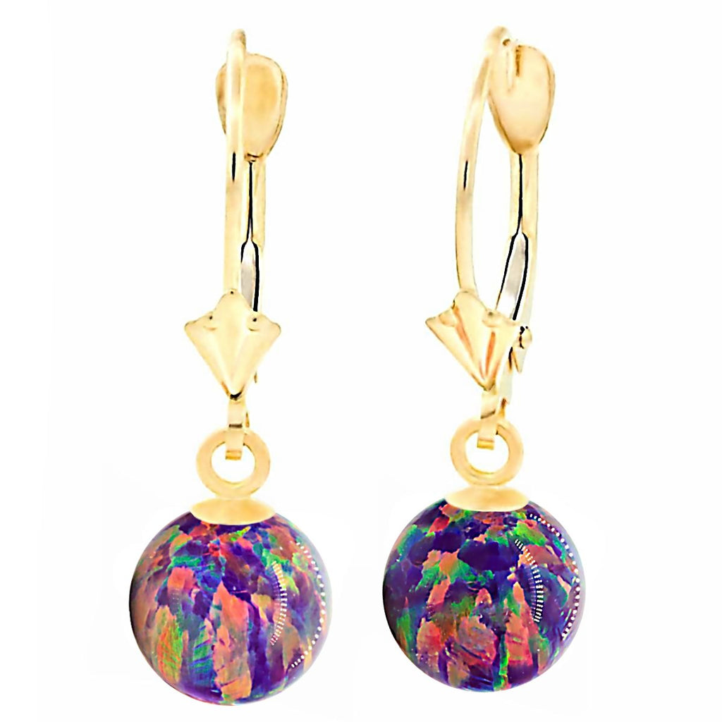 Elizabeth: Royal Lavender Created Australian Opal Ball Drop Leverback Earrings 14K Yellow Gold - TrustmarkJewelers.com