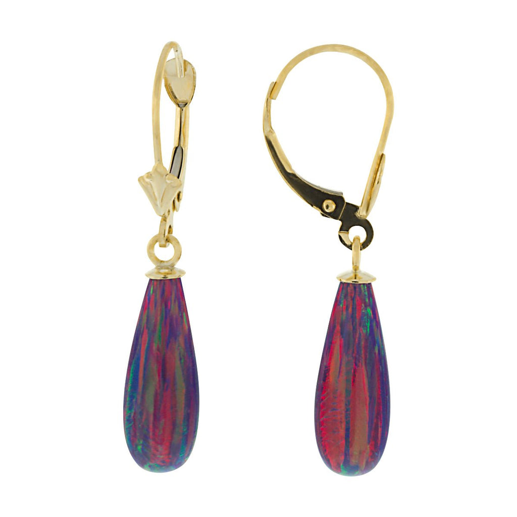 Elizabeth: 16mm Royal Lavender Created Opal Teardrop Lever Back Earrings 14k YG - TrustmarkJewelers.com