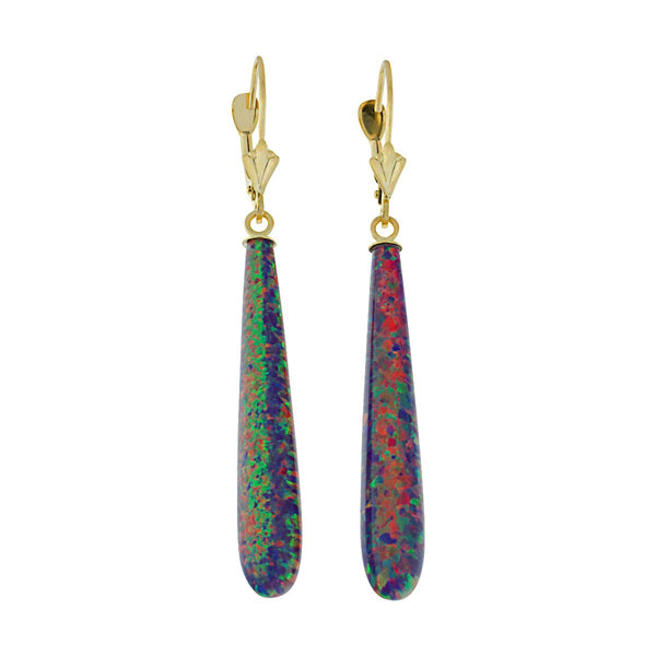 Elizabeth: 35mm Royal Lavender Created Opal Teardrop Lever Back Earrings 14k YG - TrustmarkJewelers.com