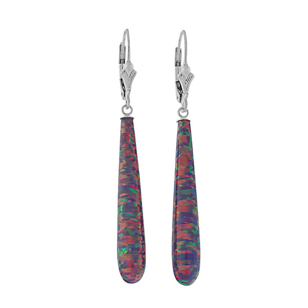 Elizabeth: 35mm Royal Lavender Created Opal Teardrop Lever Back Earrings Silver - TrustmarkJewelers.com