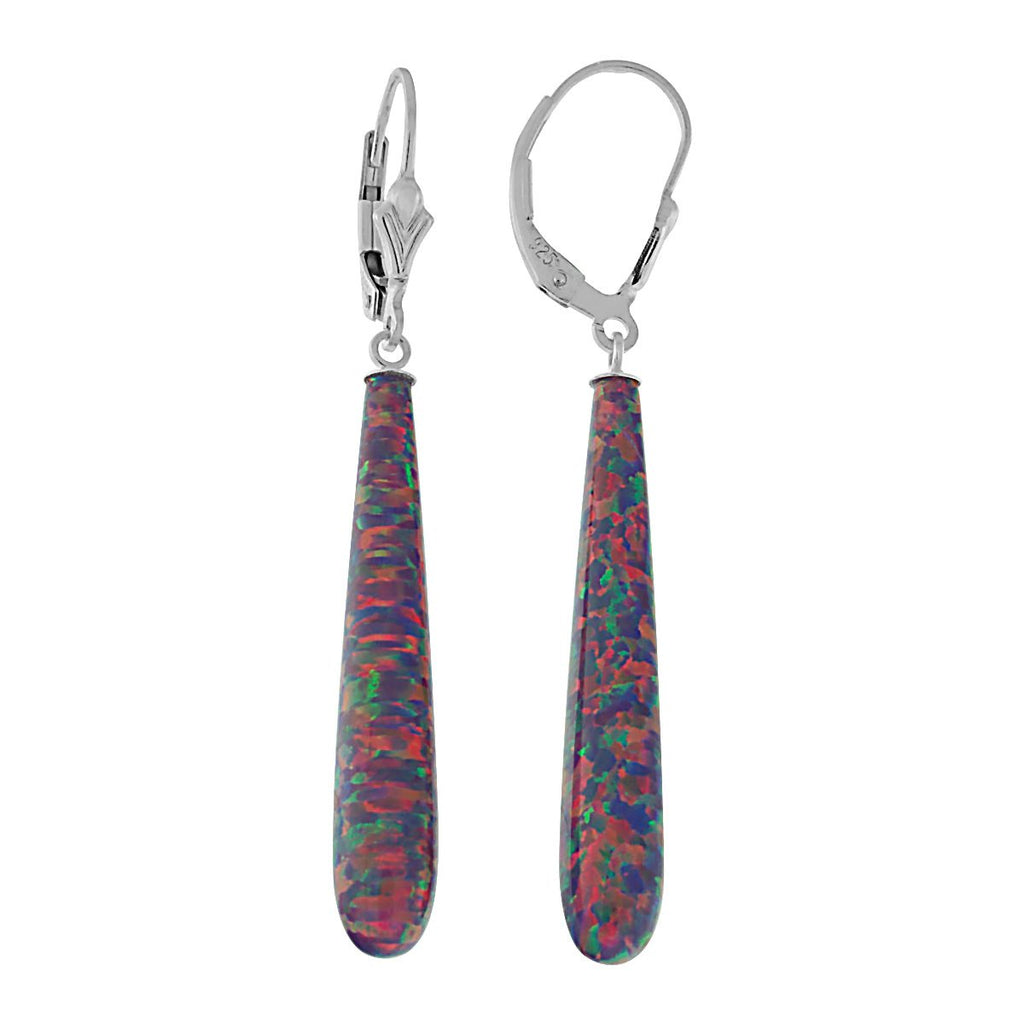 Elizabeth: 35mm Royal Lavender Created Opal Teardrop Lever Back Earrings Silver - TrustmarkJewelers.com