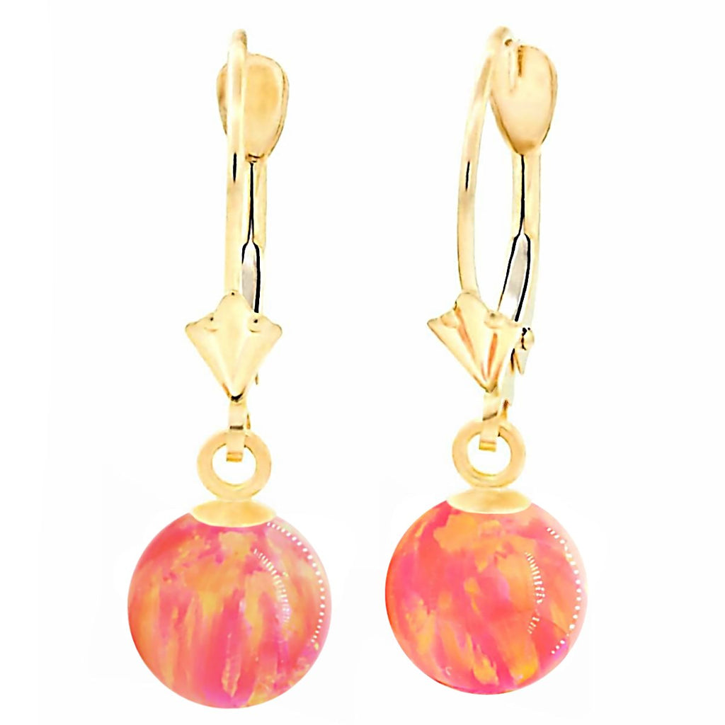 Cala: Deep Sea Coral Created Australian Opal Ball Drop Leverback Earrings 14K Yellow Gold - TrustmarkJewelers.com