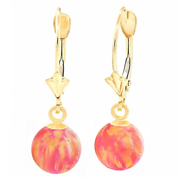 Cala: Deep Sea Coral Created Australian Opal Ball Drop Leverback Earrings 14K Yellow Gold - TrustmarkJewelers.com
