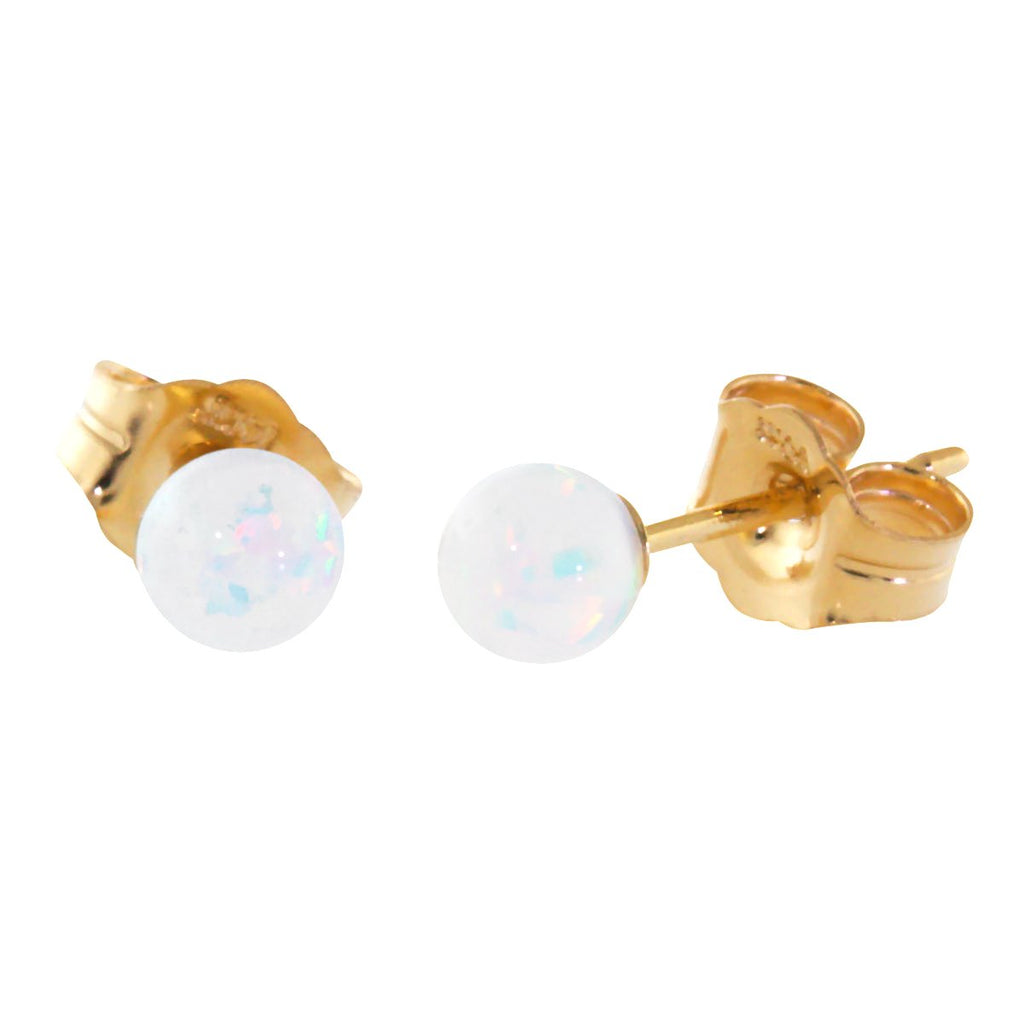 Lorraine: White Created Australian Opal Ball Stud Earrings 14K Yellow Gold - TrustmarkJewelers.com