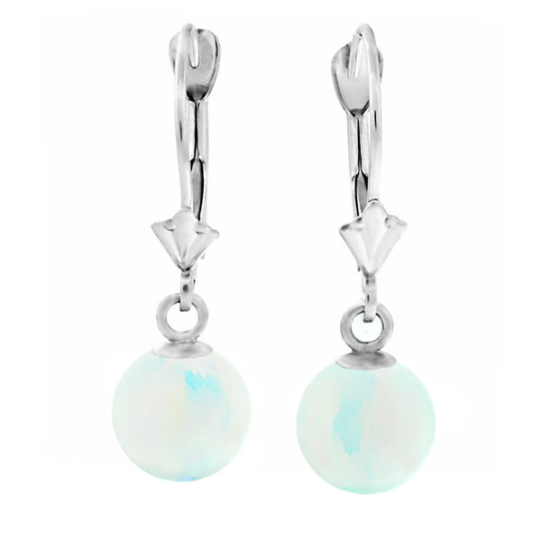 Lorraine: White Created Australian Opal Ball Drop Leverback Earrings 14K White Gold - TrustmarkJewelers.com