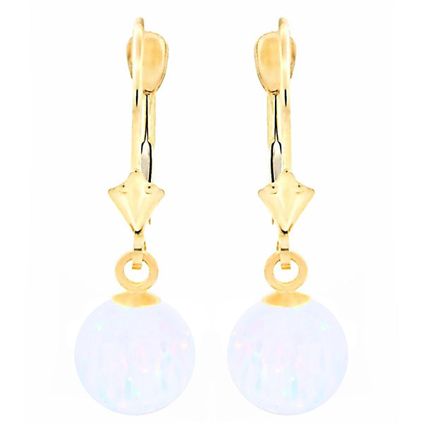 Lorraine: White Created Australian Opal Ball Drop Leverback Earrings 14K Yellow Gold - TrustmarkJewelers.com