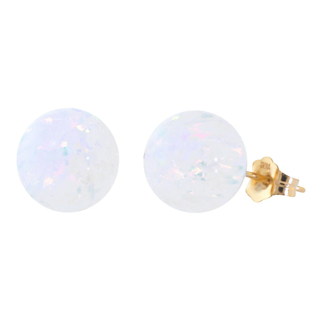 Lorraine: 10mm White Opal Ball Stud Post Earrings 14K Yellow Gold - TrustmarkJewelers.com
