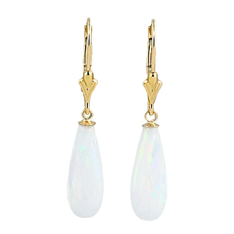 Lorraine: 16mm White Created Opal Teardrop Lever Back Earrings 14K Yellow Gold - TrustmarkJewelers.com
