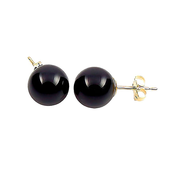 Natural Black Onyx Ball Stud Earrings 14K Yellow Gold - 1000Jewels.com