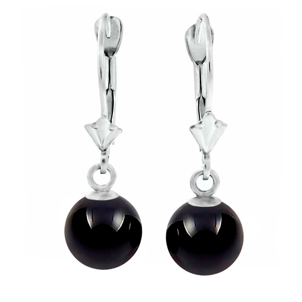 Natural Black Onyx Ball Drop Leverback Earrings 14K White Gold - 1000Jewels.com