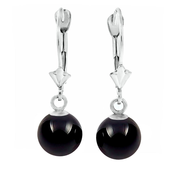 Natural Black Onyx Ball Drop Leverback Earrings 14K White Gold - 1000Jewels.com