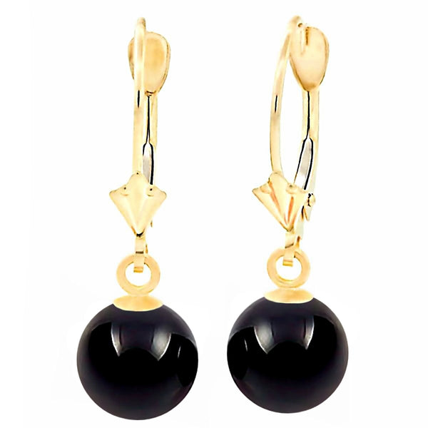 Natural Black Onyx Ball Drop Leverback Earrings 14K Yellow Gold - 1000Jewels.com
