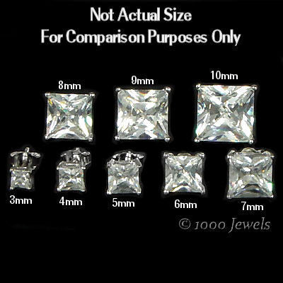 Solitaire Princess Cut Mens Sterling Silver Iced Cz Screw Back Stud Earrings