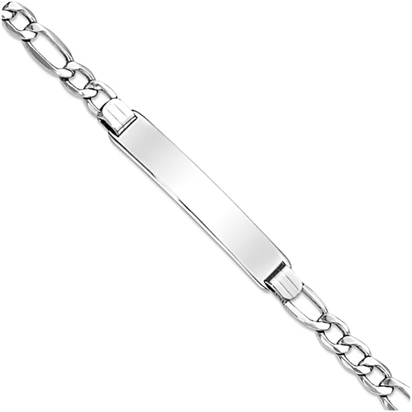 14K White Gold Engravable Bar and 6mm Flat Figaro Chain Bracelet