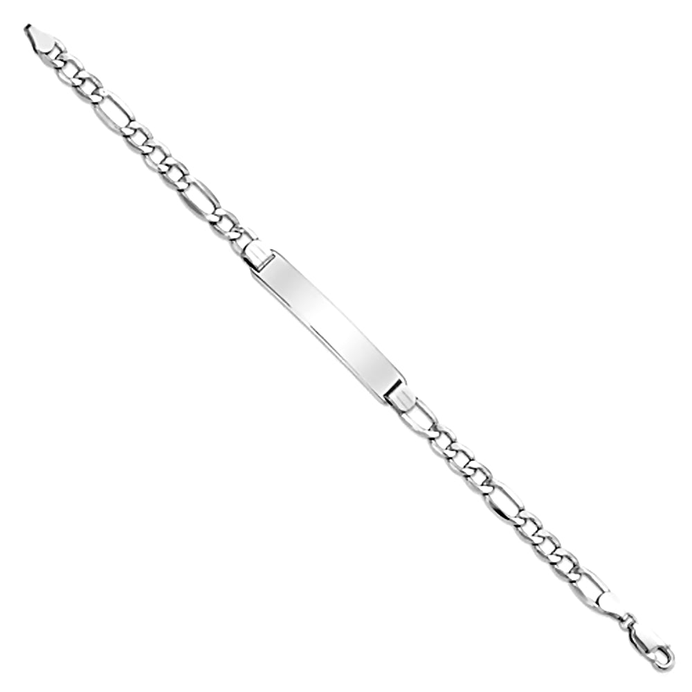 14K White Gold Engravable Bar and 6mm Flat Figaro Chain Bracelet