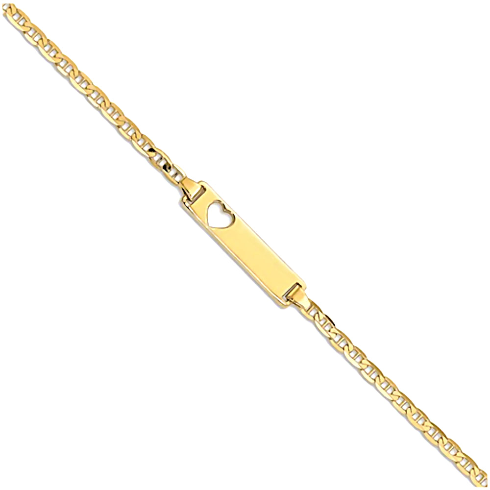 14K Yellow Gold Engravable Bar with Heart Baby Bracelet and Anchor Link Chain