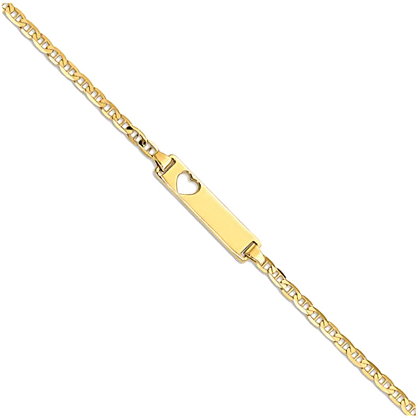 14K Yellow Gold Engravable Bar with Heart Baby Bracelet and Anchor Link Chain
