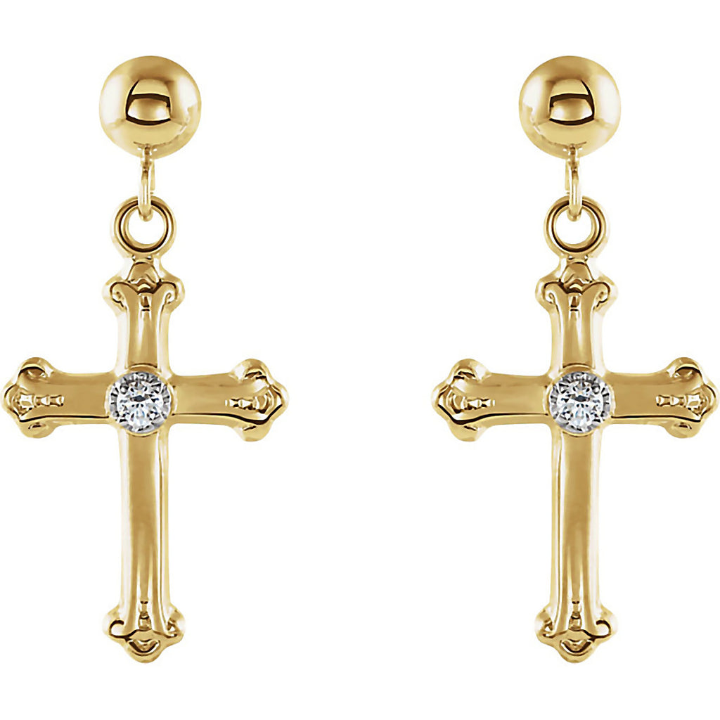 14K Yellow Gold Genuine White Diamond Ball Post Drop Style Cross Earrings