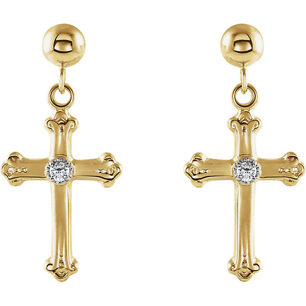 14K Yellow Gold Genuine White Diamond Ball Post Drop Style Cross Earrings