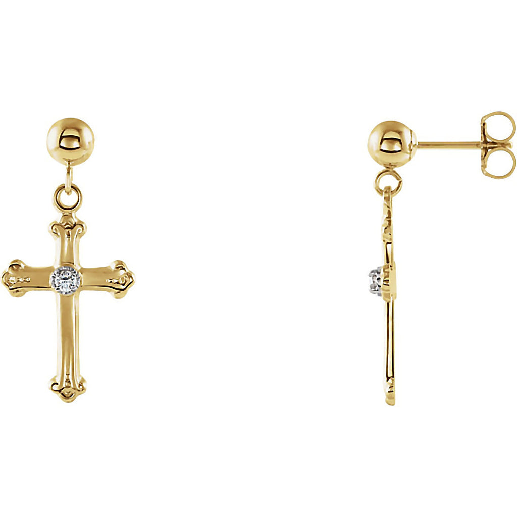 14K Yellow Gold Genuine White Diamond Ball Post Drop Style Cross Earrings