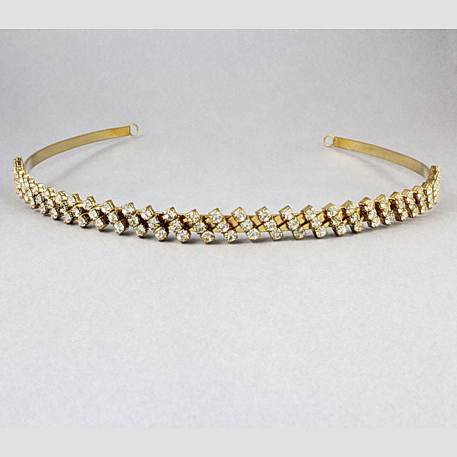 Rhyann: Gold 3 Row Diagonal ZigZag Lines Swarovski Rhinestone Headband - Trustmark Jewelers - Headbands - 3