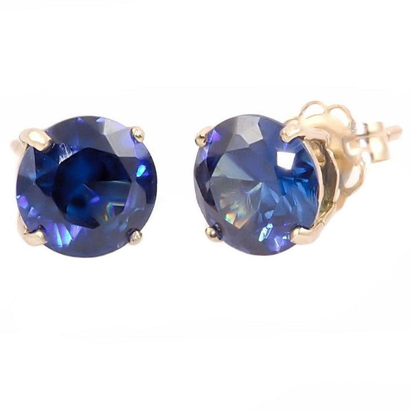 Kaye: 10mm created Sapphire 14K Yellow Gold Cast Basket Stud Earrings - Trustmark Jewelers - Earrings - 1