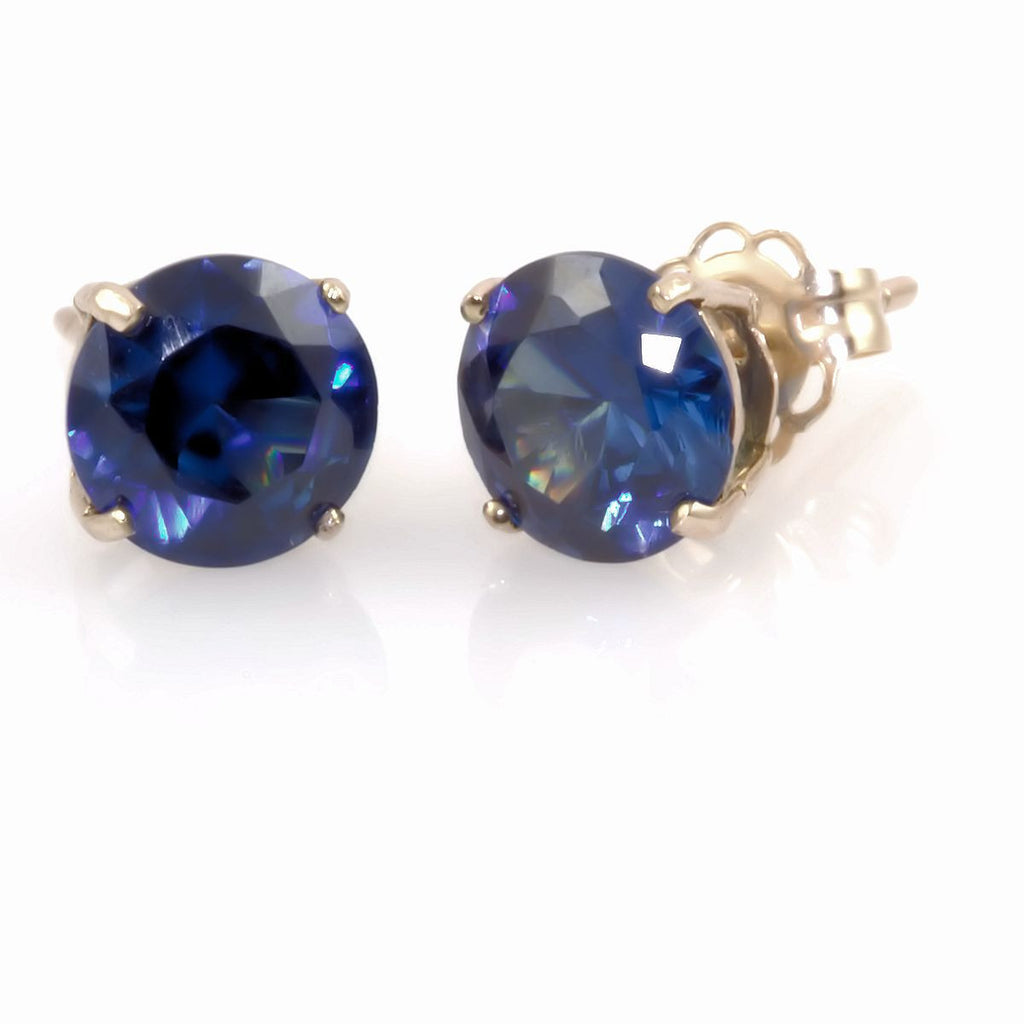 Kaye: 10mm created Sapphire 14K Yellow Gold Cast Basket Stud Earrings - Trustmark Jewelers - Earrings - 3