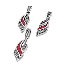 Kendall: Coral & Marcasite Ribbon Twist Pendant & Earrings Set - Trustmark Jewelers - Pendants and Necklaces