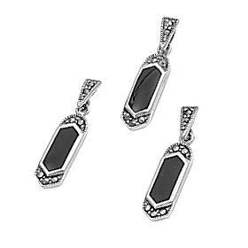 Vondaila: Onyx & Marcasite Oval Drop Pendant & Earrings Set 925 - Trustmark Jewelers - Pendants and Necklaces