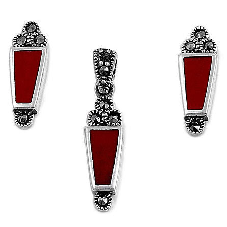 Tansy: Coral & Marcasite Geometric Drop Pendant & Earrings Set - Trustmark Jewelers - Pendants and Necklaces