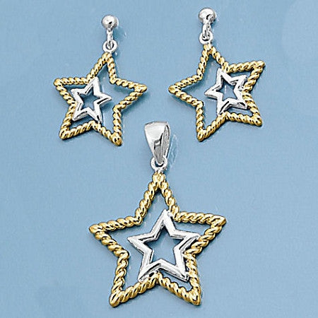 Helena: Two Tone Dangling Star Matching Pendant & Earrings Set - Trustmark Jewelers - Pendants and Necklaces