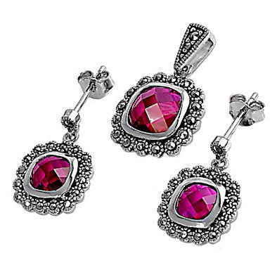 Bella: Cushion Cut Burmese Ruby & Marcasite Pendant & Earrings Set - Trustmark Jewelers - Pendants and Necklaces
