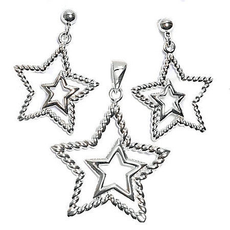 Ursa: Cable Twist 925 Silver Dangling Star Pendant Earrings Set