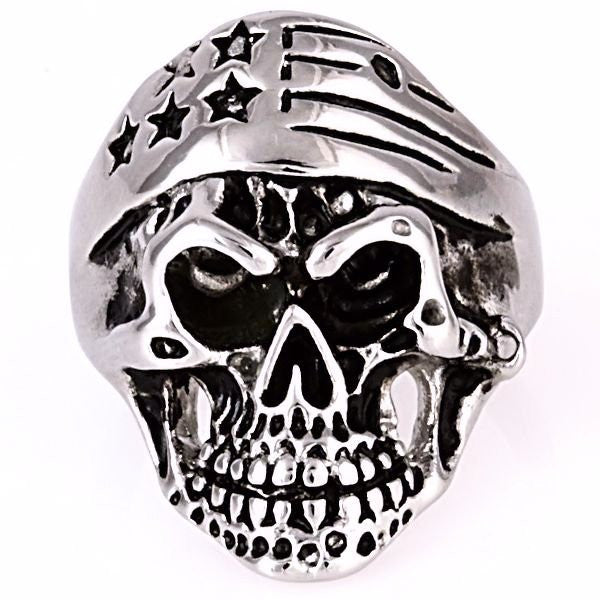 Cody: EZ Rider Rocker Skull Ring w Patriotic Biker Bandana 316L Steel - Trustmark Jewelers - Mens Rings - 1