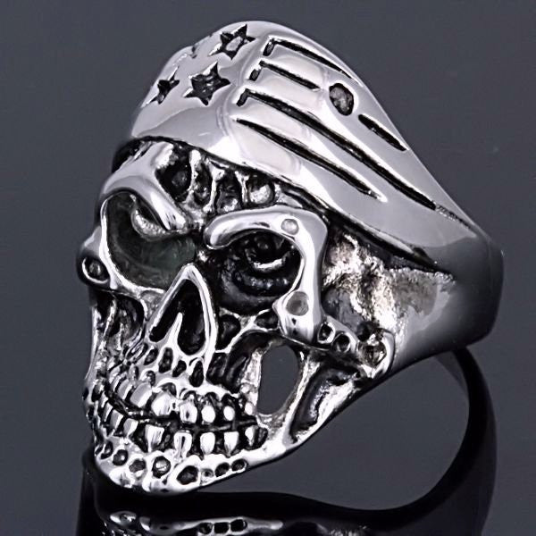 Cody: EZ Rider Rocker Skull Ring w Patriotic Biker Bandana 316L Steel - Trustmark Jewelers - Mens Rings - 2