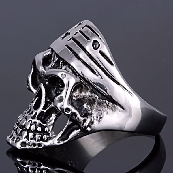 Cody: EZ Rider Rocker Skull Ring w Patriotic Biker Bandana 316L Steel - Trustmark Jewelers - Mens Rings - 3