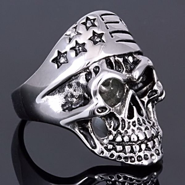 Cody: EZ Rider Rocker Skull Ring w Patriotic Biker Bandana 316L Steel - Trustmark Jewelers - Mens Rings - 4